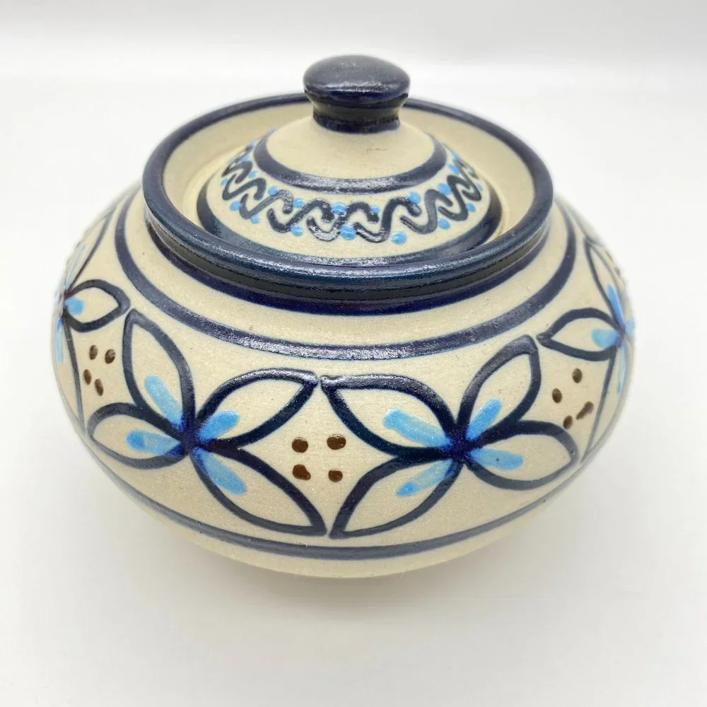 Mexican pottery lidded jar bowl blue Floral print Xochimilco hand painted signed